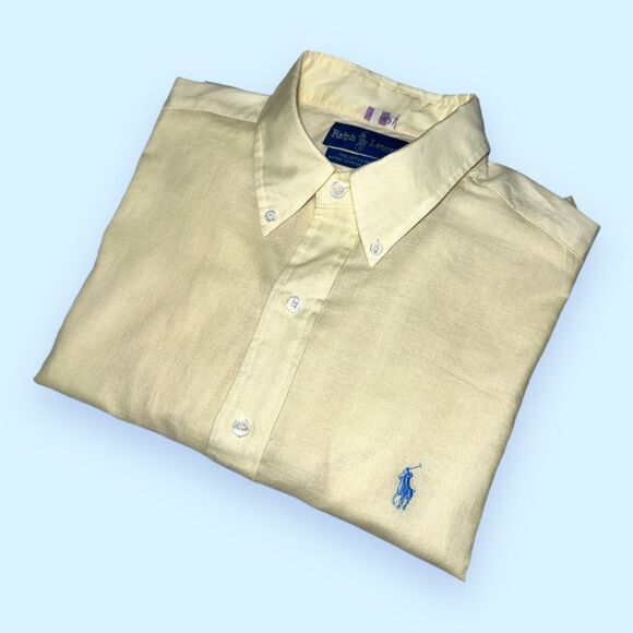 VTG Polo Ralph Lauren Solid Yellow Madras Shirt 100% Cotton Men's L Classic Fit - Picture 2 of 12